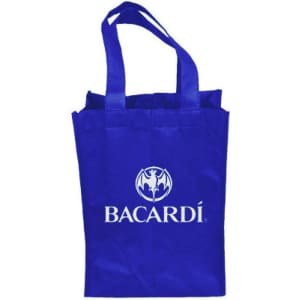 A drink bottle bag in blue fabric with two handles, featuring a logo on the front.