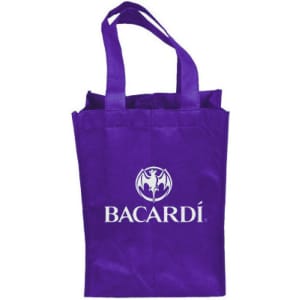 A drink bottle bag in vibrant purple with handles and a logo on the front, designed for carrying two bottles.