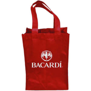 A drink bottle bag in red, featuring dual handles and a logo. Suitable for carrying two bottles.