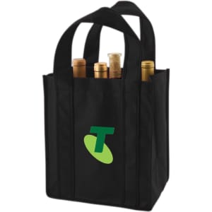 A drink bottle bag in black, designed to hold six bottles, featuring a logo on the front.