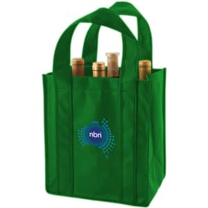 A drink bottle bag in green, featuring six bottles inside and a branding logo.