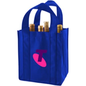 A drink bottle bag in blue, holding six bottles, featuring a logo on the front.