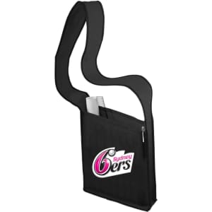 A black sling bag with a logo, featuring a shoulder strap and a zippered pocket.