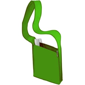 A green sling bag with a single strap and a zippered pocket. It features a simple, modern design.