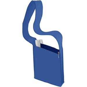 A blue sling bag featuring a unique design with a single shoulder strap and a zippered pocket.
