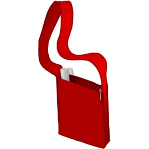 A red Curl Sling Bag with a long strap and a front pocket, featuring a logo on the side.