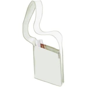 A light cream-coloured sling bag with a long strap and a front zip pocket. It has a simple design and features a logo.