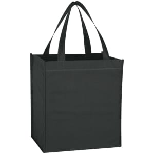 A black tote bag with two sturdy handles, featuring a simple and spacious design. It has a logo on one side.