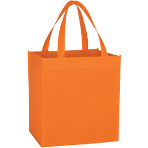 An orange tote bag with dual handles and a structured design. It includes a logo on one side.