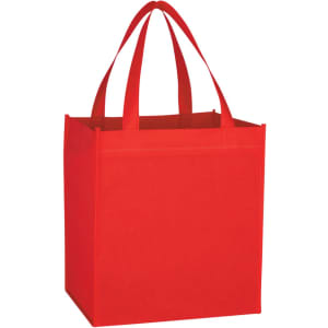 A bright red tote bag with two sturdy handles and a square shape, featuring a logo.