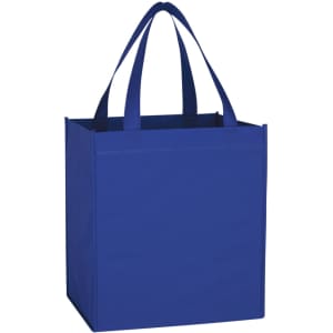 A blue tote bag with sturdy handles and a square shape, featuring a logo on one side.