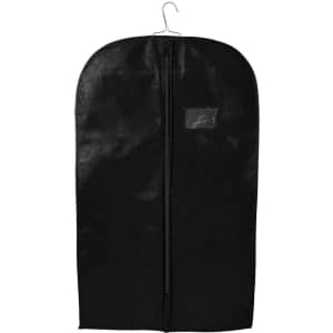 A black non-woven garment bag with a hook and a front zipper, featuring a small clear pocket.