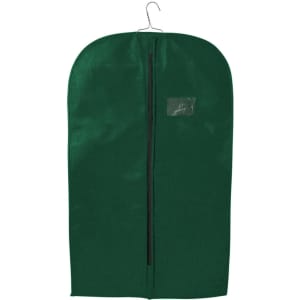A green non-woven garment bag featuring a zip closure and a top hanger. It has a transparent pocket for identification.