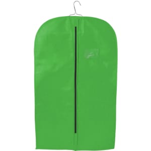 A vibrant green non-woven garment bag with a hanger and a front zipper, featuring a small transparent pocket.