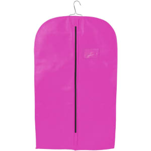 A pink non-woven garment bag with a hook at the top and a central zipper. It features a logo or branding on the surface.