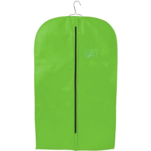 A vibrant green non-woven garment bag with a hook for hanging and a central zipper. It features a logo.