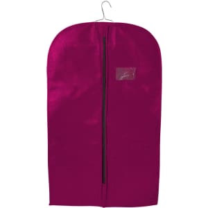 A magenta non-woven garment bag featuring a zippered opening and a hanger at the top. It includes a logo.
