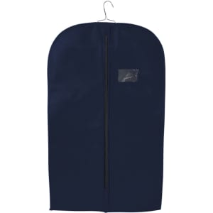 A navy non-woven garment bag with a hanger and a transparent pocket for identification.