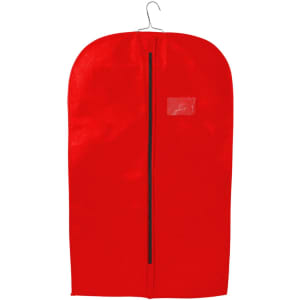 A red non-woven garment bag with a zipper and a clear identification pocket at the front.