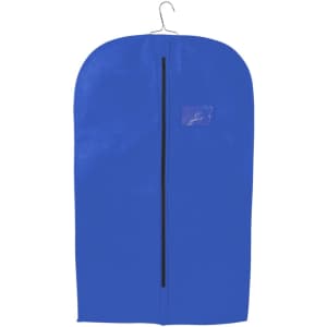 A blue non-woven garment bag with a hook for hanging, featuring a zip closure and an attached logo.