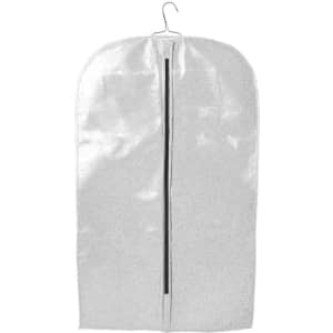 A silver non-woven garment bag with a hanger and a central zipper closure, featuring a logo on one side.