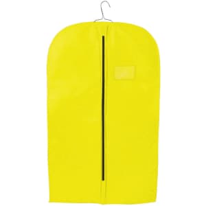 A bright yellow non-woven garment bag with a hanger and a zippered closure, featuring a small transparent pocket.