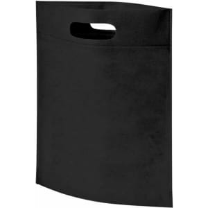 A black heat sealed non-woven exhibition tote bag with a handhold cut-out and no additional branding.