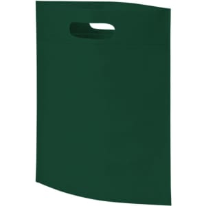 A green heat sealed non-woven exhibition tote bag with a cut-out handle and a textured surface. It features a logo.
