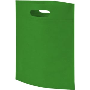 A green heat sealed non-woven exhibition tote bag with a cut-out handle and a plain surface.
