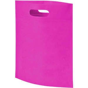 A bright pink heat sealed non-woven exhibition tote bag with a cut-out handle and a simple design.