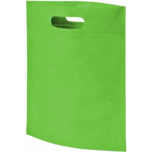 A bright green non-woven tote bag with a cut-out handle and a logo. Ideal for promotional use.