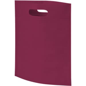 A burgundy heat sealed non-woven exhibition tote bag with a cut-out handle and a simple design.