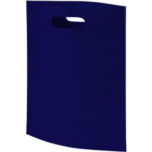 A navy blue non-woven tote bag with a cut-out handle and a smooth, simple design. It features a logo.