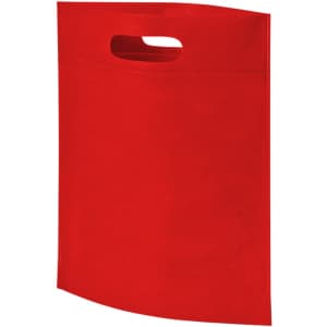 A red non-woven exhibition tote bag with a handle and no visible logo.