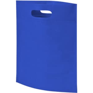 Blue non-woven tote bag with a handle and a simple design, featuring a logo or branding on the surface.
