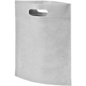 A grey non-woven tote bag with a crease and a cut-out handle. It features a logo on the side.