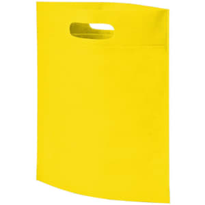 A bright yellow non-woven exhibition tote bag with a handle and a logo.
