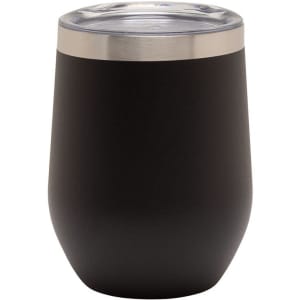 A drink bottle shaped reusable coffee cup in matte black with a clear lid and a stainless steel rim.