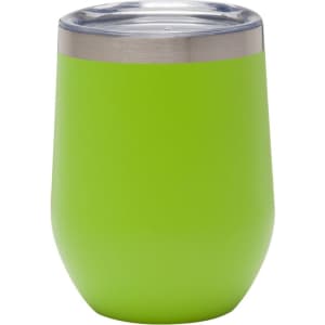 A drink bottle in vibrant green with a stainless steel lid, featuring a smooth, rounded design and a logo.
