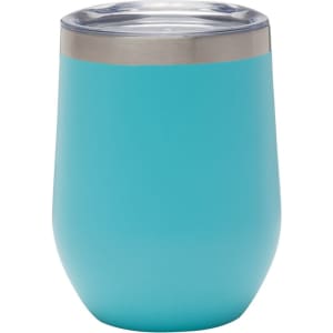 A drink bottle in a vibrant turquoise colour with a stainless steel rim and clear lid, featuring a logo.