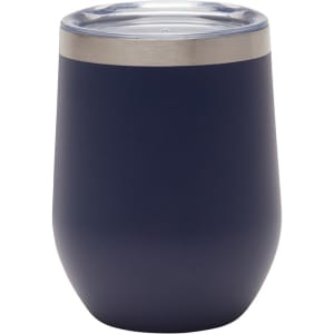 A reusable coffee cup in navy blue with a stainless steel rim and a clear lid. It features a logo.