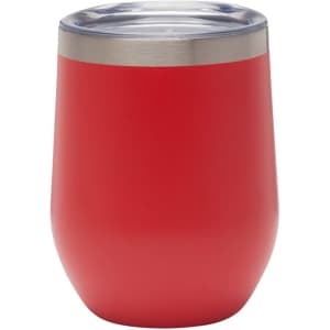 A drink cup in bright red with a stainless steel rim and clear lid, designed for reusable coffee use.