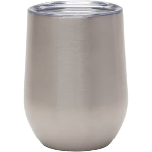 A reusable 350ml stainless steel coffee cup with a clear lid, featuring a sleek design and a metallic finish.