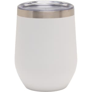 A drink bottle in a sleek white finish with a stainless steel lid, featuring a logo.