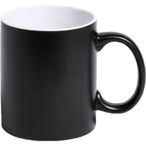 A coffee mug with a black exterior and white interior, featuring a handle and a branding logo.