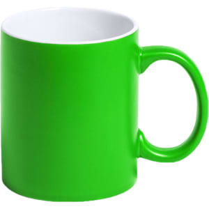 A green coffee mug with a white interior and a large handle. It features a logo.