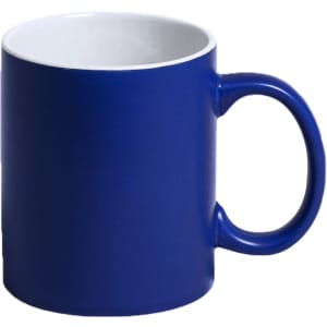 A blue coffee mug with a white interior and a handle, featuring a logo on the side.
