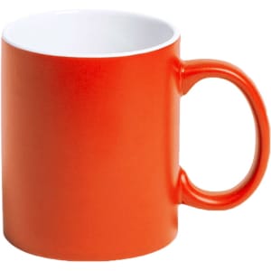 An orange coffee mug with a white interior and a handle, featuring a logo.