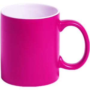 A coffee mug in vibrant pink with a contrasting white interior and a sturdy handle.