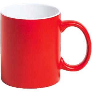 A red coffee mug with a white interior and a classic handle. It features a logo.